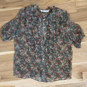 Zara women’s sheer Floral Ruffle Blouse